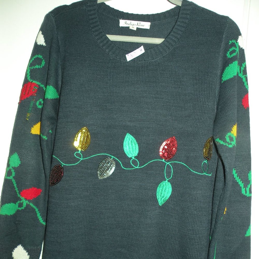 INDIGO ROSE UGLY CHRISTMAS SWEATER BLACK SEQUINED CHRISTMAS LIGHTS MEDIUM